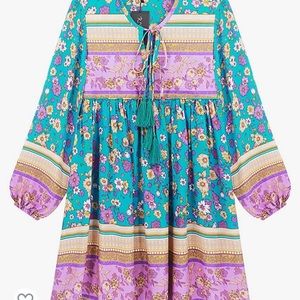 Bohemian Teal & Lavender Floral Long-Sleeve Mini Dress